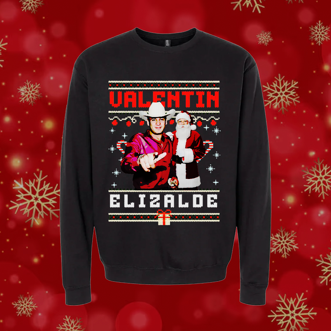 Valentín Elizalde con santa Norteñas Navidad Ugly Suéter